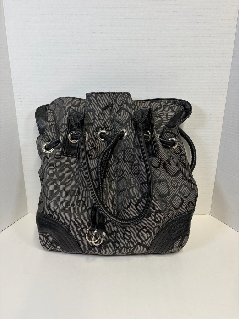 Guess Gray Monogram Drawstring Hobo Bag